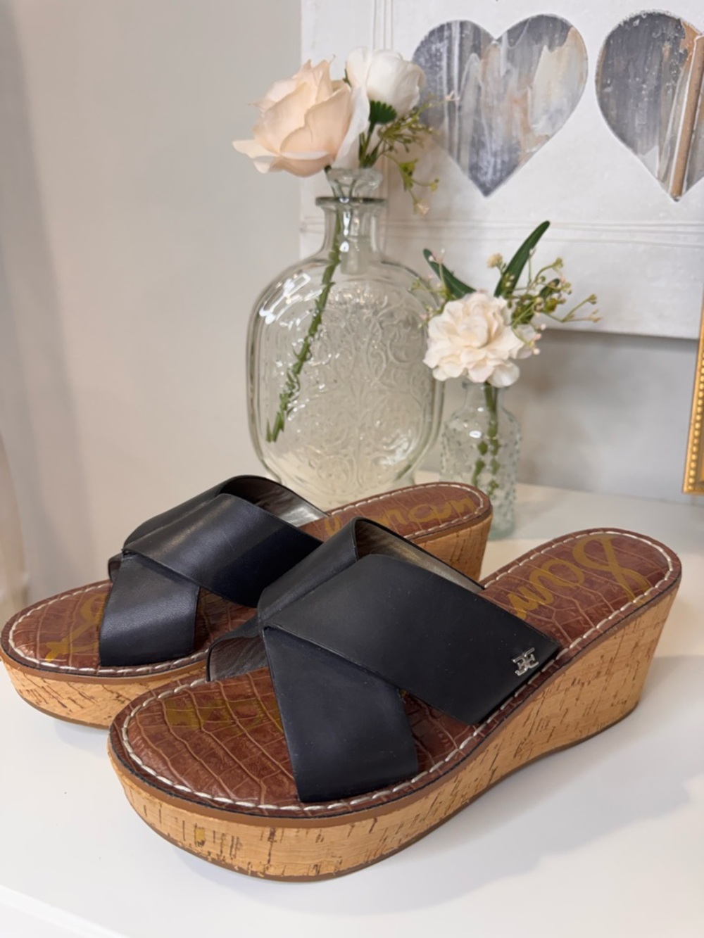 Sam Edelman Black Leather Crisscross Slide Sandals Wedge Size 8 Chic & Comfy